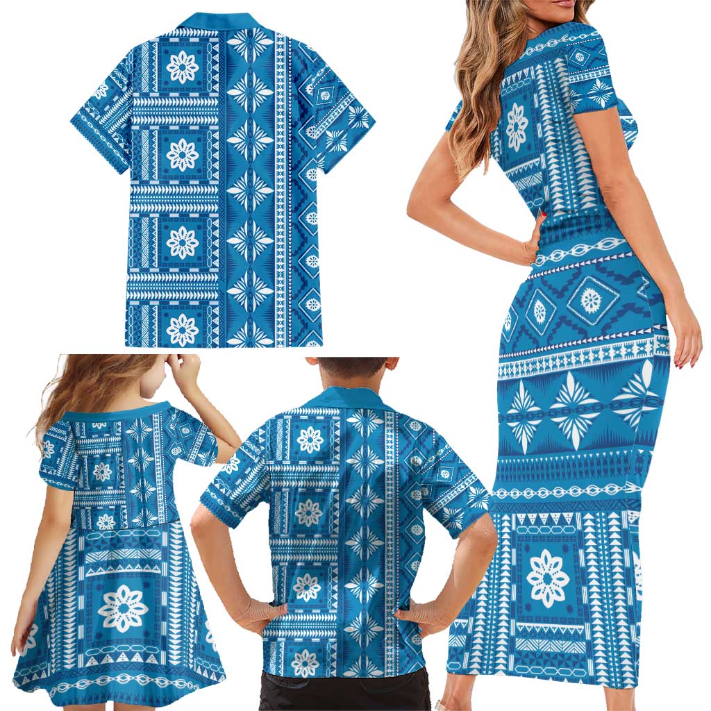 Fiji Masi All Blue Family Matching Short Sleeve Bodycon Dress and Hawaiian Shirt Tapa Pattern LT01 - Polynesian Pride