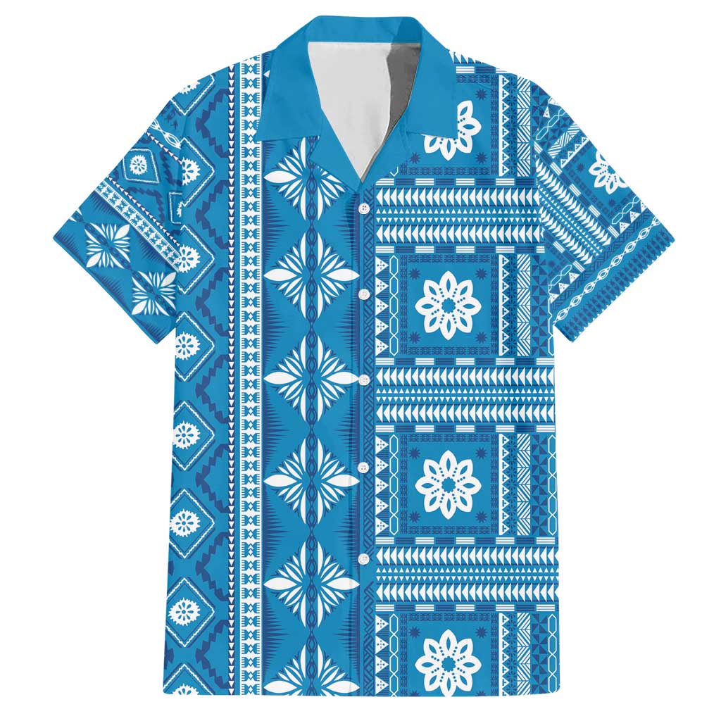 Fiji Masi All Blue Family Matching Short Sleeve Bodycon Dress and Hawaiian Shirt Tapa Pattern LT01 Dad's Shirt - Short Sleeve Blue - Polynesian Pride