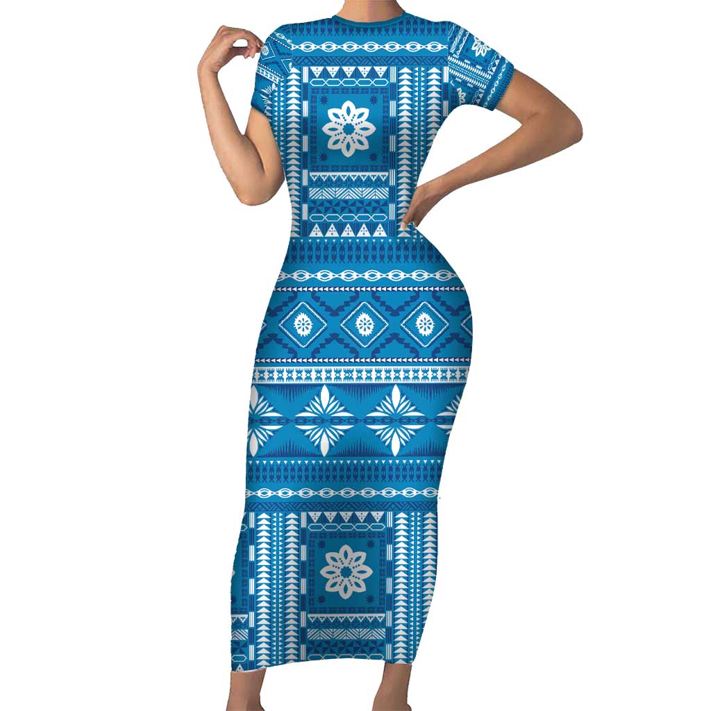 Fiji Masi All Blue Family Matching Short Sleeve Bodycon Dress and Hawaiian Shirt Tapa Pattern LT01 Mom's Dress Blue - Polynesian Pride