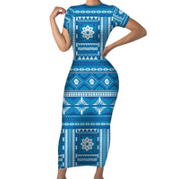 Fiji Masi All Blue Family Matching Short Sleeve Bodycon Dress and Hawaiian Shirt Tapa Pattern LT01 Mom's Dress Blue - Polynesian Pride