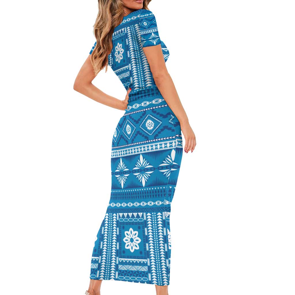 Fiji Masi All Blue Family Matching Short Sleeve Bodycon Dress and Hawaiian Shirt Tapa Pattern LT01 - Polynesian Pride
