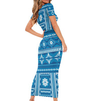 Fiji Masi All Blue Family Matching Short Sleeve Bodycon Dress and Hawaiian Shirt Tapa Pattern LT01 - Polynesian Pride