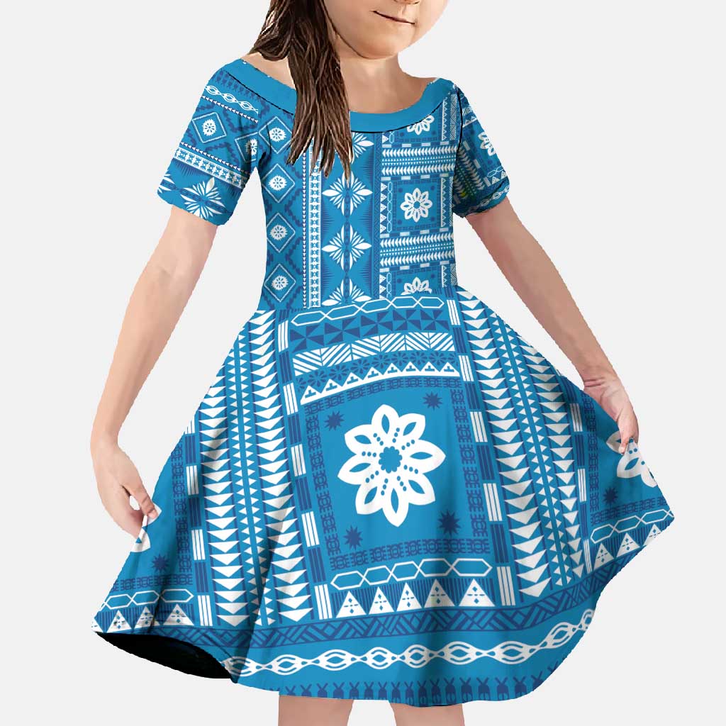 Fiji Masi All Blue Family Matching Tank Maxi Dress and Hawaiian Shirt Tapa Pattern LT01 Daughter's Dress Blue - Polynesian Pride
