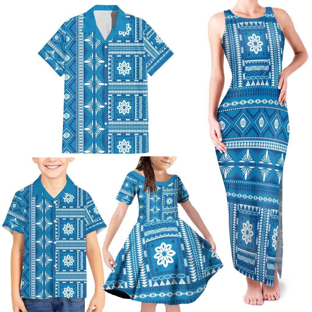 Fiji Masi All Blue Family Matching Tank Maxi Dress and Hawaiian Shirt Tapa Pattern LT01 - Polynesian Pride