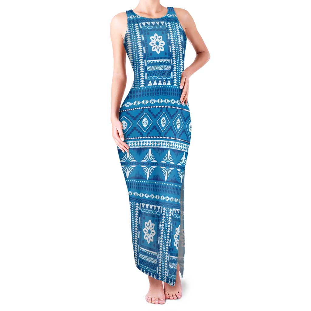 Fiji Masi All Blue Family Matching Tank Maxi Dress and Hawaiian Shirt Tapa Pattern LT01 Mom's Dress Blue - Polynesian Pride