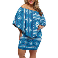 Fiji Masi All Blue Off Shoulder Short Dress Tapa Pattern - Polynesian Pride