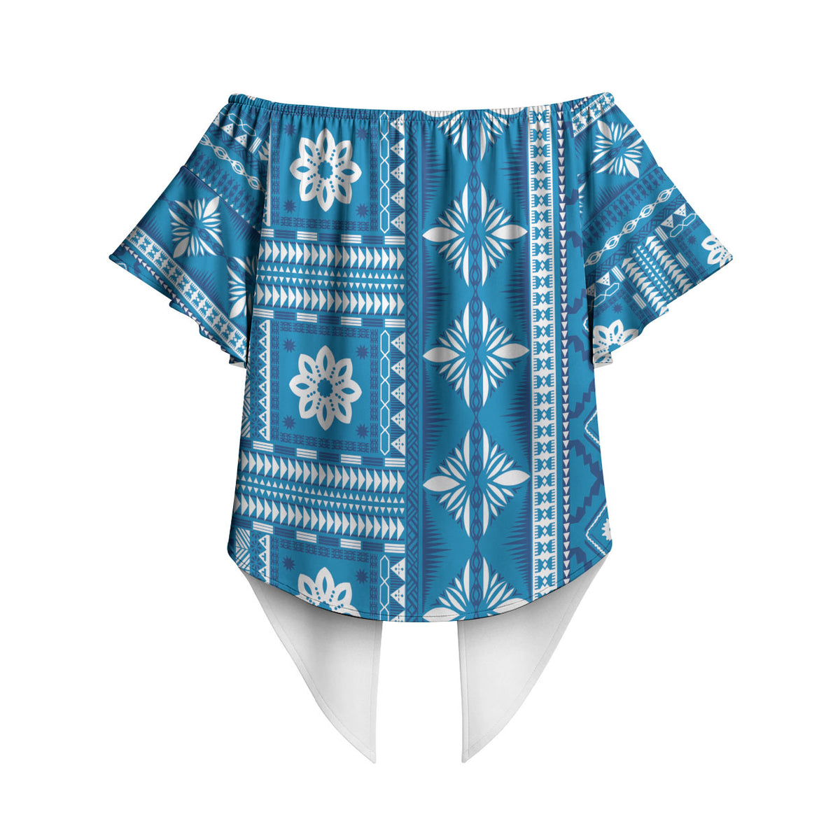 Fiji Masi All Blue Off Shoulder Wrap Waist Top Tapa Pattern LT01 - Polynesian Pride