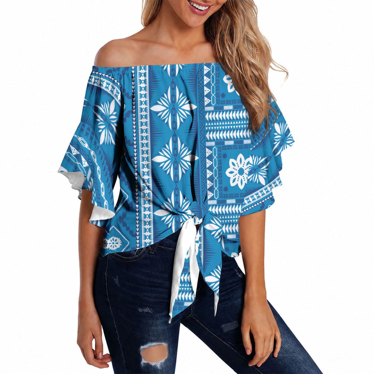 Fiji Masi All Blue Off Shoulder Wrap Waist Top Tapa Pattern LT01 - Polynesian Pride