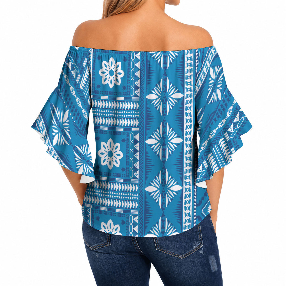 Fiji Masi All Blue Off Shoulder Wrap Waist Top Tapa Pattern LT01 - Polynesian Pride