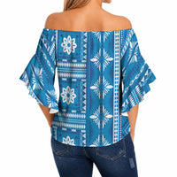 Fiji Masi All Blue Off Shoulder Wrap Waist Top Tapa Pattern LT01 - Polynesian Pride