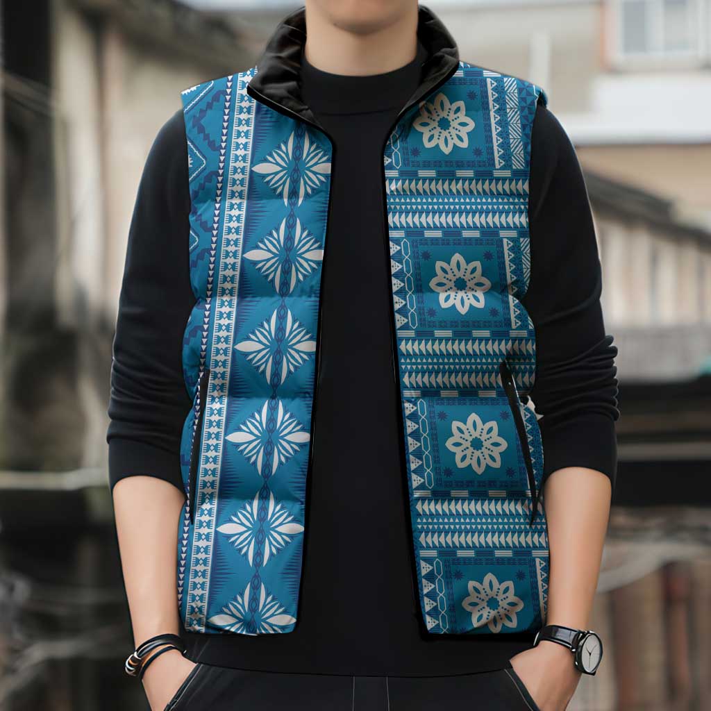 Fiji Masi All Blue Sleeveless Puffer Jacket Tapa Pattern - Polynesian Pride