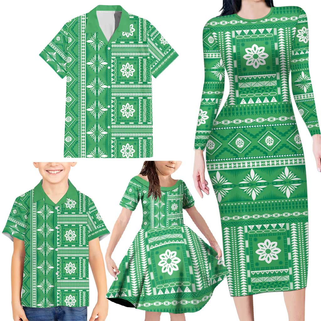 Fiji Masi All Green Family Matching Long Sleeve Bodycon Dress and Hawaiian Shirt Tapa Pattern LT01 - Polynesian Pride