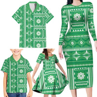 Fiji Masi All Green Family Matching Long Sleeve Bodycon Dress and Hawaiian Shirt Tapa Pattern LT01 - Polynesian Pride