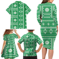 Fiji Masi All Green Family Matching Long Sleeve Bodycon Dress and Hawaiian Shirt Tapa Pattern LT01 - Polynesian Pride