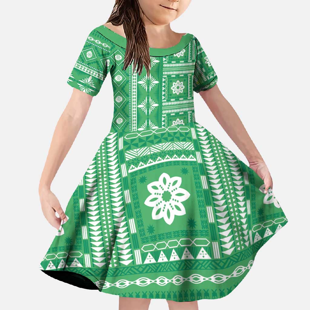 Fiji Masi All Green Family Matching Mermaid Dress and Hawaiian Shirt Tapa Pattern LT01 Daughter's Dress Green - Polynesian Pride