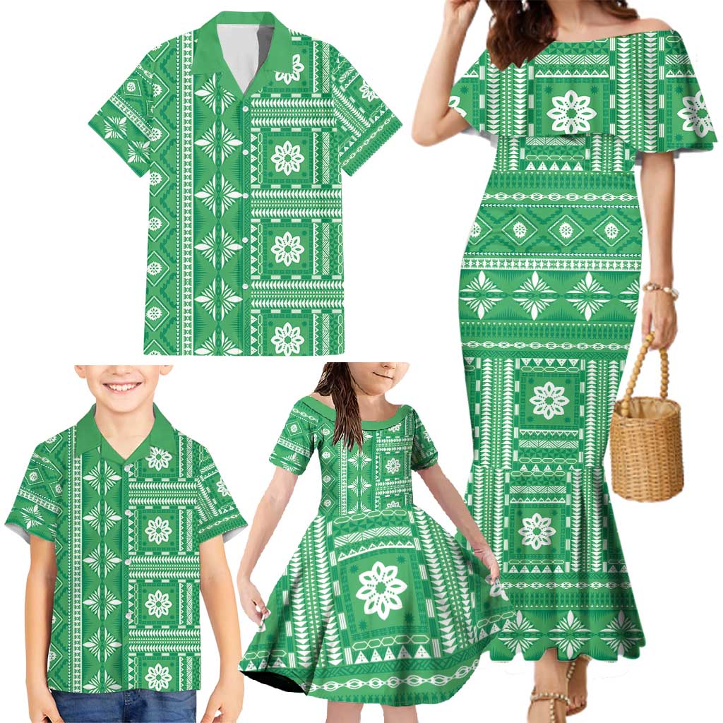 Fiji Masi All Green Family Matching Mermaid Dress and Hawaiian Shirt Tapa Pattern LT01 - Polynesian Pride