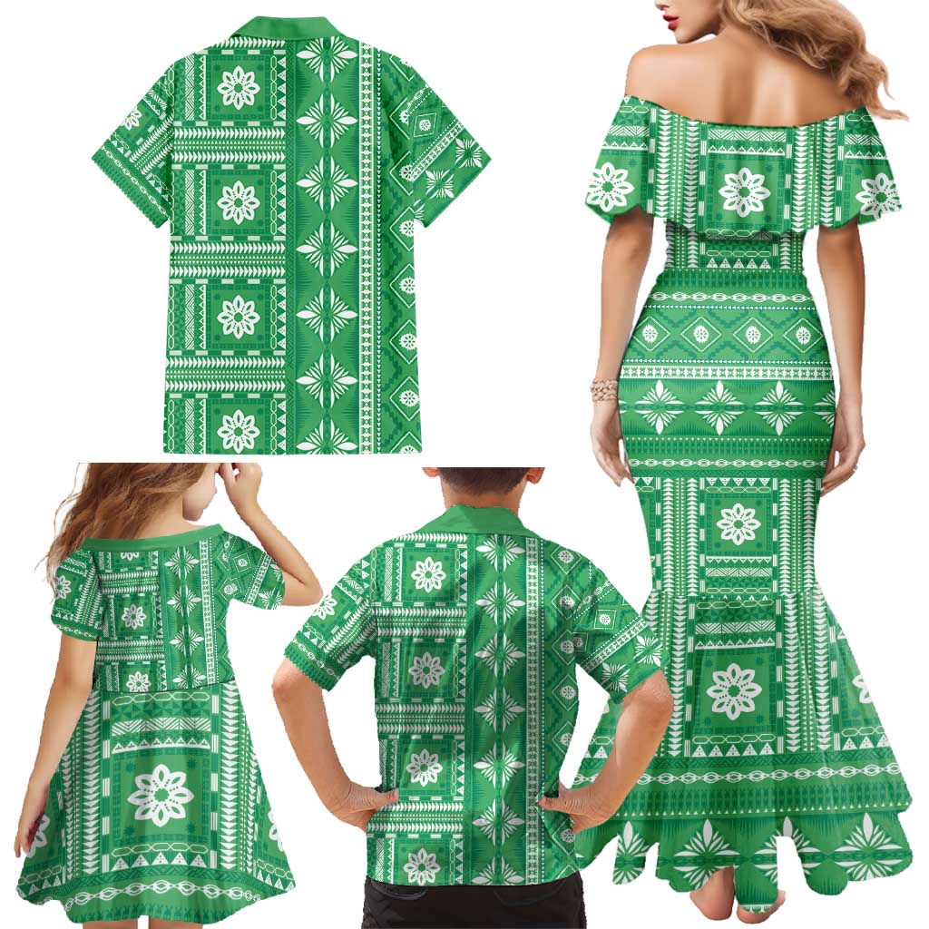 Fiji Masi All Green Family Matching Mermaid Dress and Hawaiian Shirt Tapa Pattern LT01 - Polynesian Pride