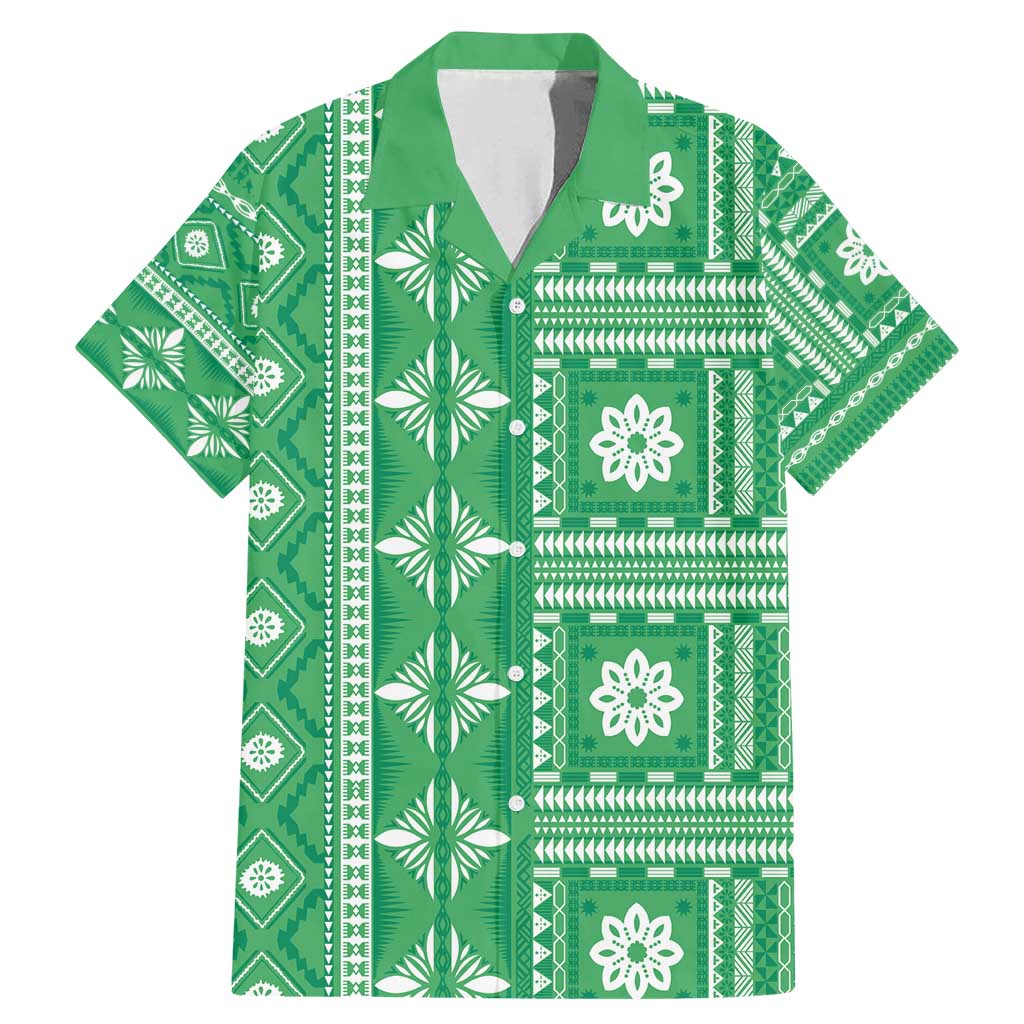 Fiji Masi All Green Family Matching Mermaid Dress and Hawaiian Shirt Tapa Pattern LT01 Dad's Shirt - Short Sleeve Green - Polynesian Pride