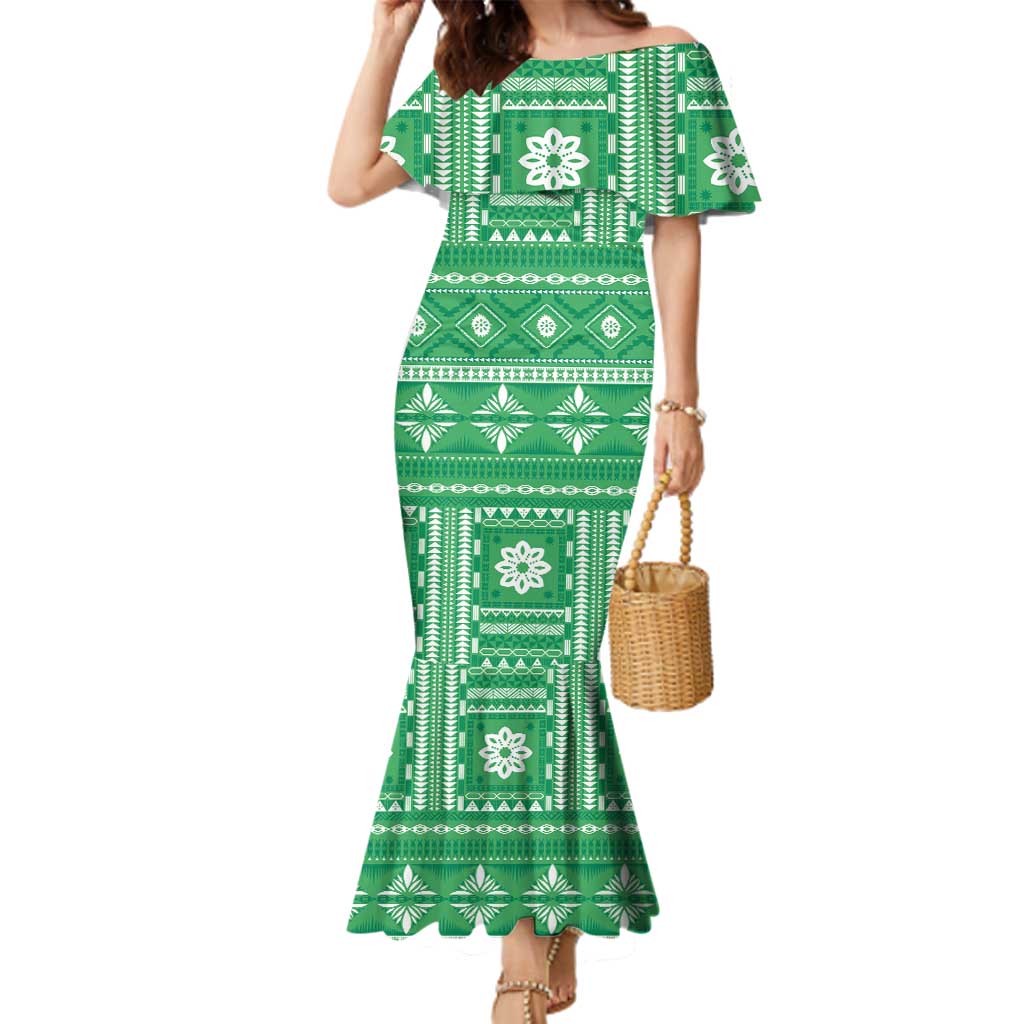 Fiji Masi All Green Family Matching Mermaid Dress and Hawaiian Shirt Tapa Pattern LT01 Mom's Dress Green - Polynesian Pride