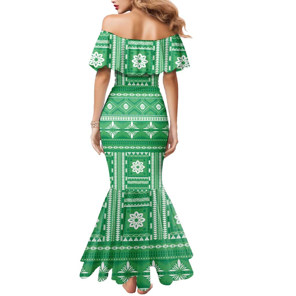 Fiji Masi All Green Family Matching Mermaid Dress and Hawaiian Shirt Tapa Pattern LT01 - Polynesian Pride