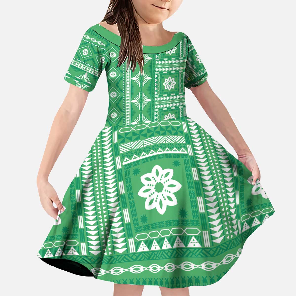 Fiji Masi All Green Family Matching Off The Shoulder Long Sleeve Dress and Hawaiian Shirt Tapa Pattern LT01 Daughter's Dress Green - Polynesian Pride