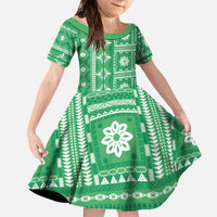 Fiji Masi All Green Family Matching Off The Shoulder Long Sleeve Dress and Hawaiian Shirt Tapa Pattern LT01 Daughter's Dress Green - Polynesian Pride