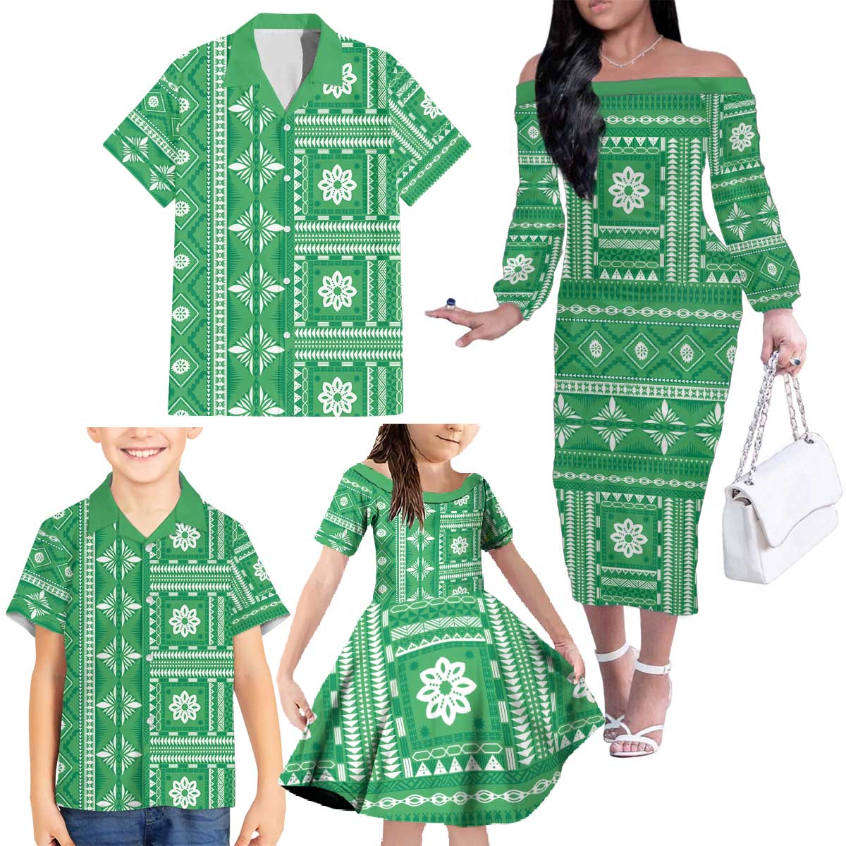 Fiji Masi All Green Family Matching Off The Shoulder Long Sleeve Dress and Hawaiian Shirt Tapa Pattern LT01 - Polynesian Pride