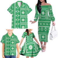 Fiji Masi All Green Family Matching Off The Shoulder Long Sleeve Dress and Hawaiian Shirt Tapa Pattern LT01 - Polynesian Pride