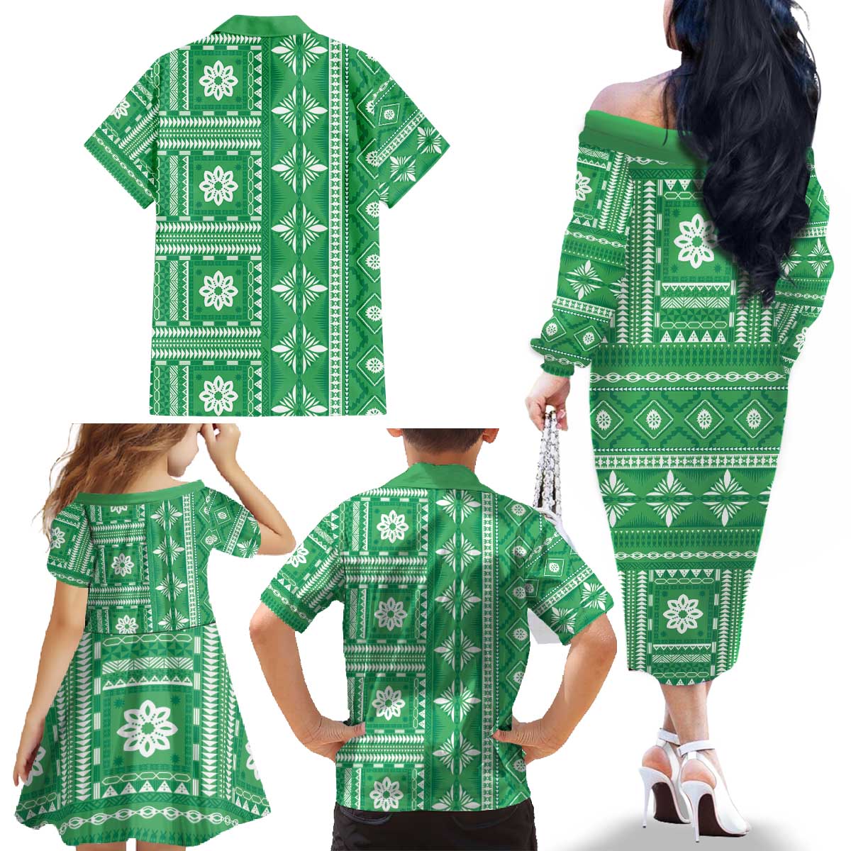 Fiji Masi All Green Family Matching Off The Shoulder Long Sleeve Dress and Hawaiian Shirt Tapa Pattern LT01 - Polynesian Pride