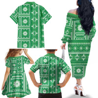 Fiji Masi All Green Family Matching Off The Shoulder Long Sleeve Dress and Hawaiian Shirt Tapa Pattern LT01 - Polynesian Pride