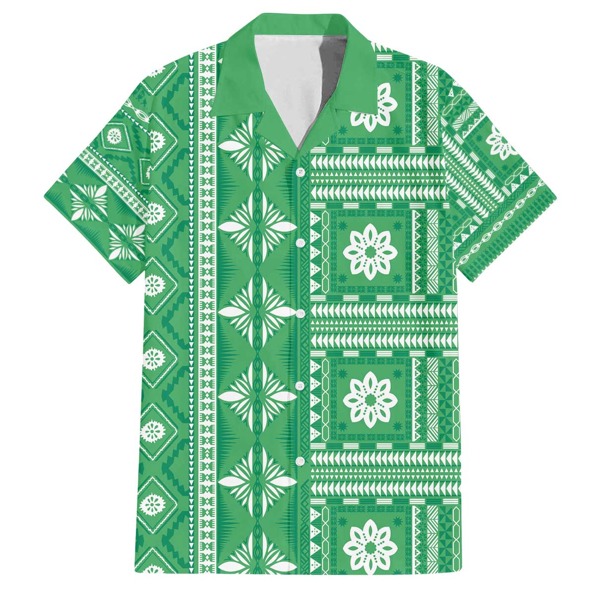 Fiji Masi All Green Family Matching Off The Shoulder Long Sleeve Dress and Hawaiian Shirt Tapa Pattern LT01 Dad's Shirt - Short Sleeve Green - Polynesian Pride