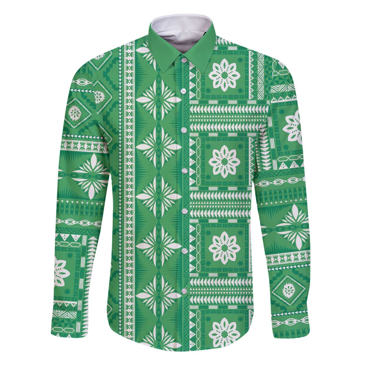 Fiji Masi All Green Family Matching Off The Shoulder Long Sleeve Dress and Hawaiian Shirt Tapa Pattern LT01 Dad's Shirt - Long Sleeve Green - Polynesian Pride