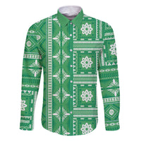Fiji Masi All Green Family Matching Off The Shoulder Long Sleeve Dress and Hawaiian Shirt Tapa Pattern LT01 Dad's Shirt - Long Sleeve Green - Polynesian Pride