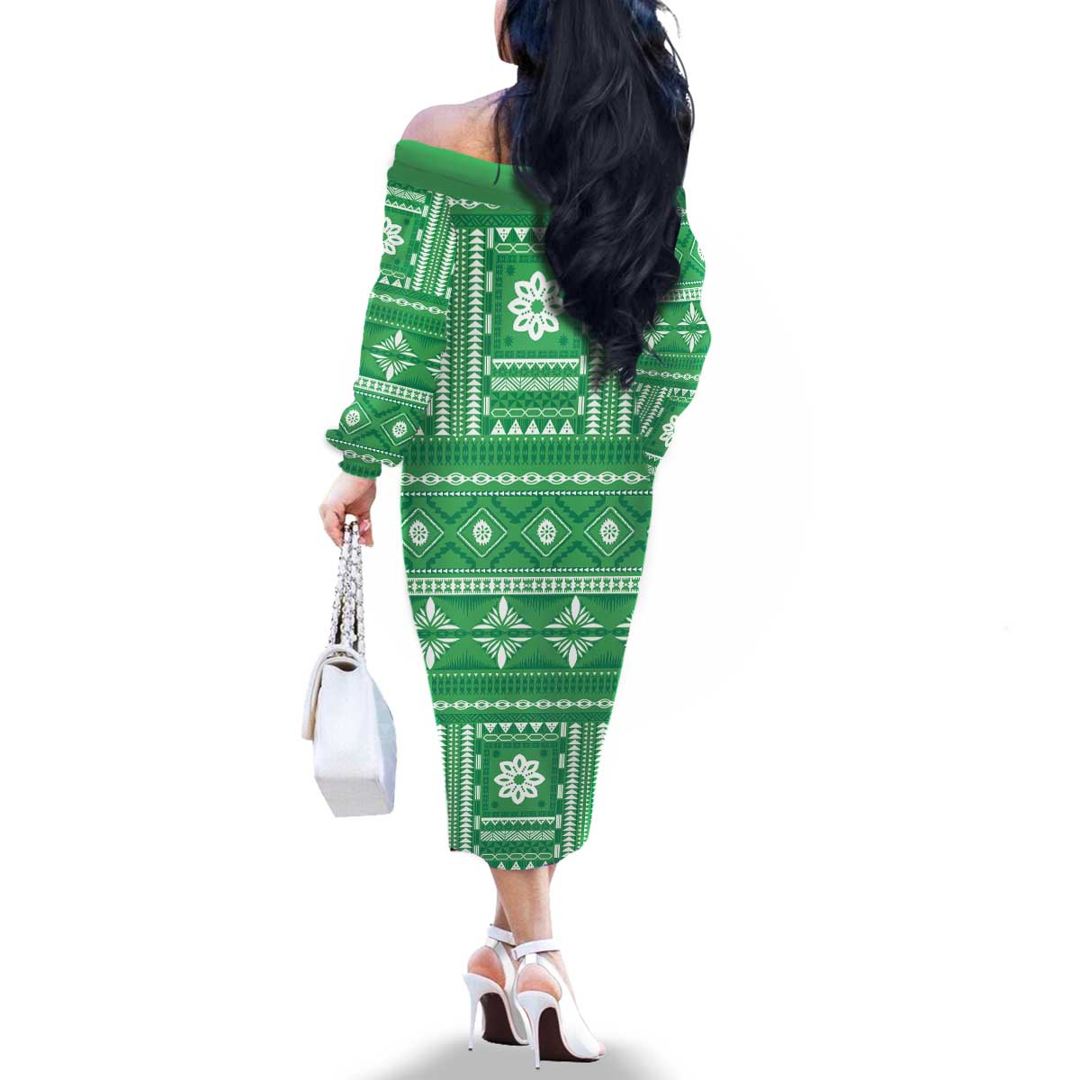 Fiji Masi All Green Family Matching Off The Shoulder Long Sleeve Dress and Hawaiian Shirt Tapa Pattern LT01 - Polynesian Pride