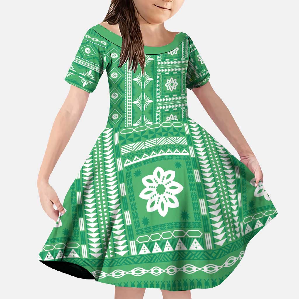 Fiji Masi All Green Family Matching Off Shoulder Maxi Dress and Hawaiian Shirt Tapa Pattern LT01 Daughter's Dress Green - Polynesian Pride