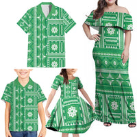 Fiji Masi All Green Family Matching Off Shoulder Maxi Dress and Hawaiian Shirt Tapa Pattern LT01 - Polynesian Pride