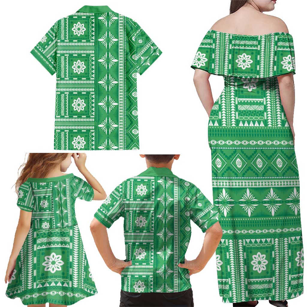 Fiji Masi All Green Family Matching Off Shoulder Maxi Dress and Hawaiian Shirt Tapa Pattern LT01 - Polynesian Pride