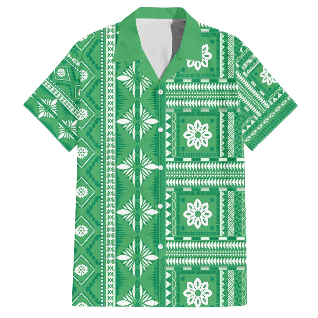 Fiji Masi All Green Family Matching Off Shoulder Maxi Dress and Hawaiian Shirt Tapa Pattern LT01 Dad's Shirt - Short Sleeve Green - Polynesian Pride