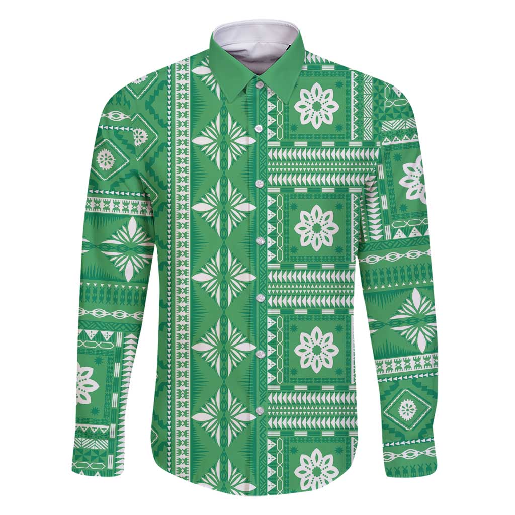 Fiji Masi All Green Family Matching Off Shoulder Maxi Dress and Hawaiian Shirt Tapa Pattern LT01 Dad's Shirt - Long Sleeve Green - Polynesian Pride