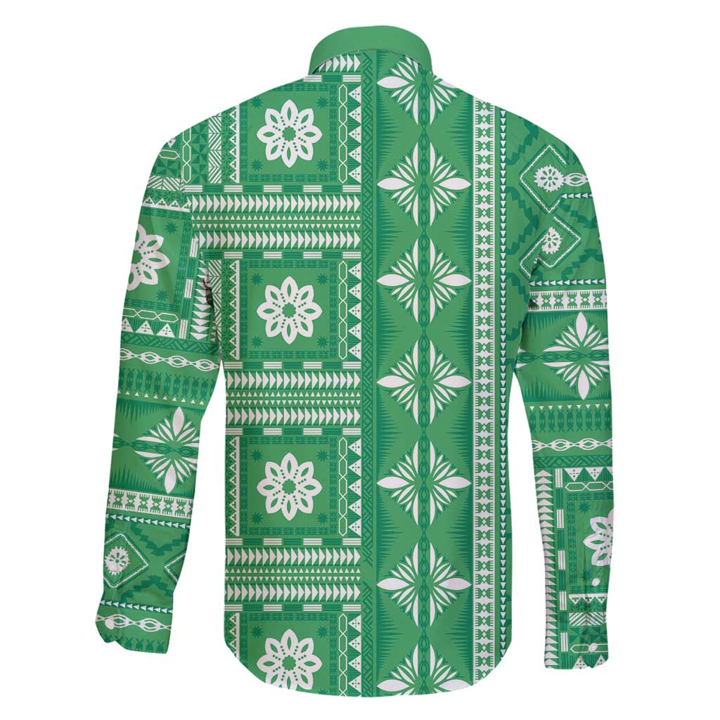 Fiji Masi All Green Family Matching Off Shoulder Maxi Dress and Hawaiian Shirt Tapa Pattern LT01 - Polynesian Pride