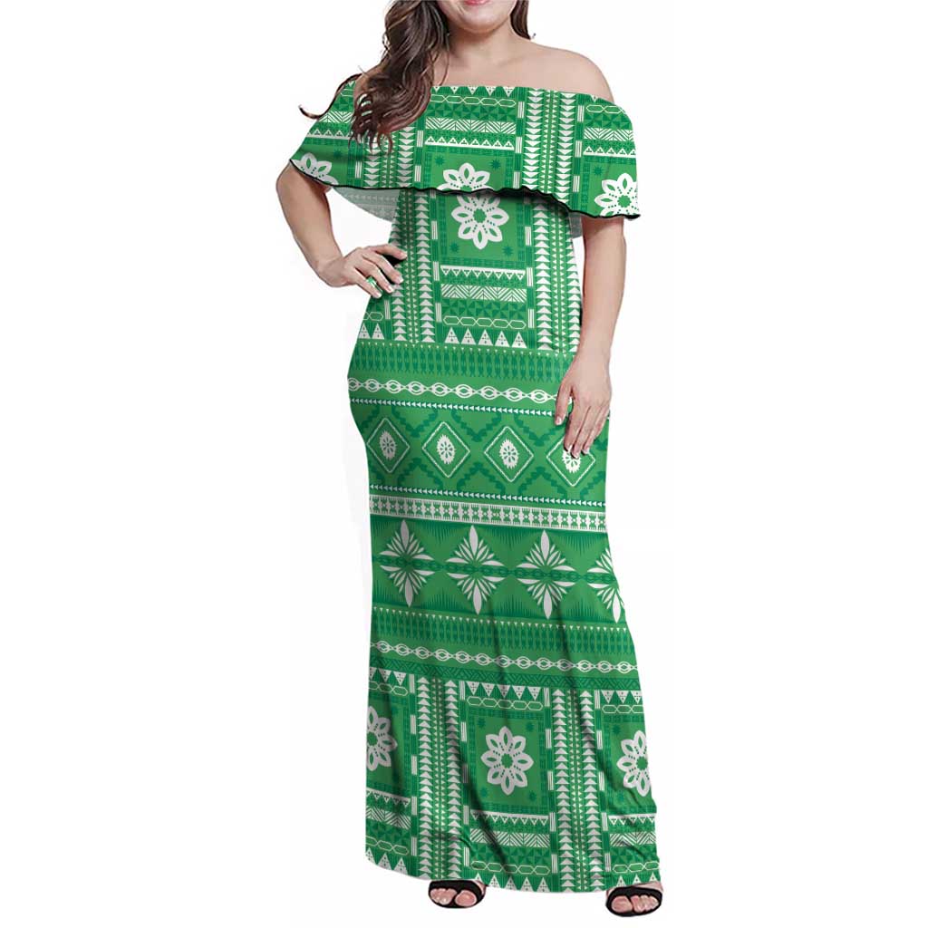 Fiji Masi All Green Family Matching Off Shoulder Maxi Dress and Hawaiian Shirt Tapa Pattern LT01 Mom's Dress Green - Polynesian Pride