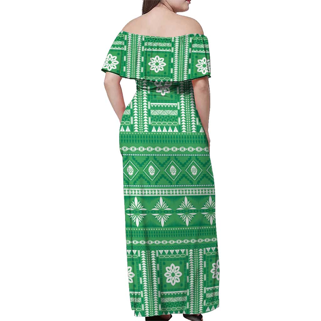 Fiji Masi All Green Family Matching Off Shoulder Maxi Dress and Hawaiian Shirt Tapa Pattern LT01 - Polynesian Pride