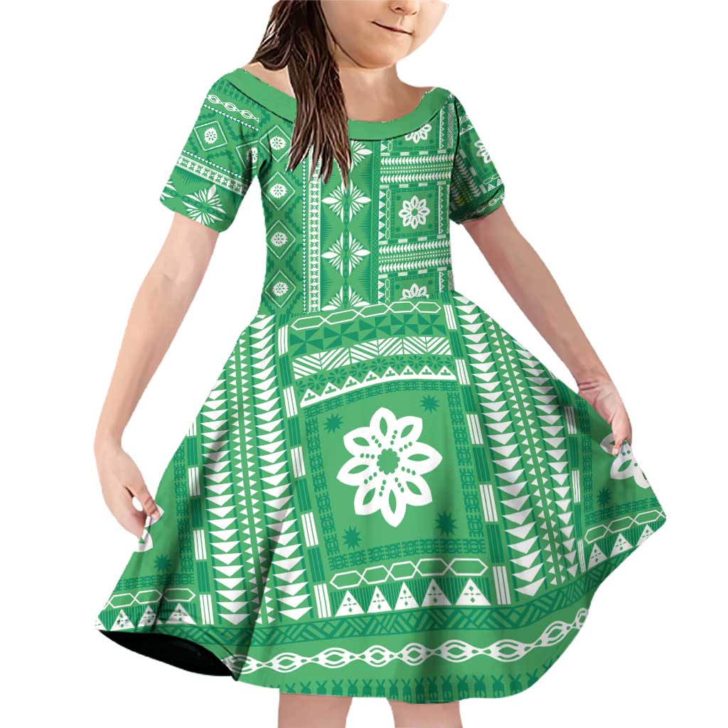 Fiji Masi All Green Family Matching Off Shoulder Short Dress and Hawaiian Shirt Tapa Pattern LT01 Daughter's Dress Green - Polynesian Pride