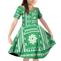 Fiji Masi All Green Family Matching Off Shoulder Short Dress and Hawaiian Shirt Tapa Pattern LT01 Daughter's Dress Green - Polynesian Pride