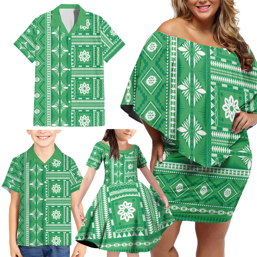 Fiji Masi All Green Family Matching Off Shoulder Short Dress and Hawaiian Shirt Tapa Pattern LT01 - Polynesian Pride