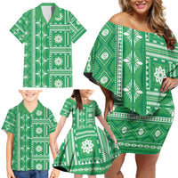 Fiji Masi All Green Family Matching Off Shoulder Short Dress and Hawaiian Shirt Tapa Pattern LT01 - Polynesian Pride