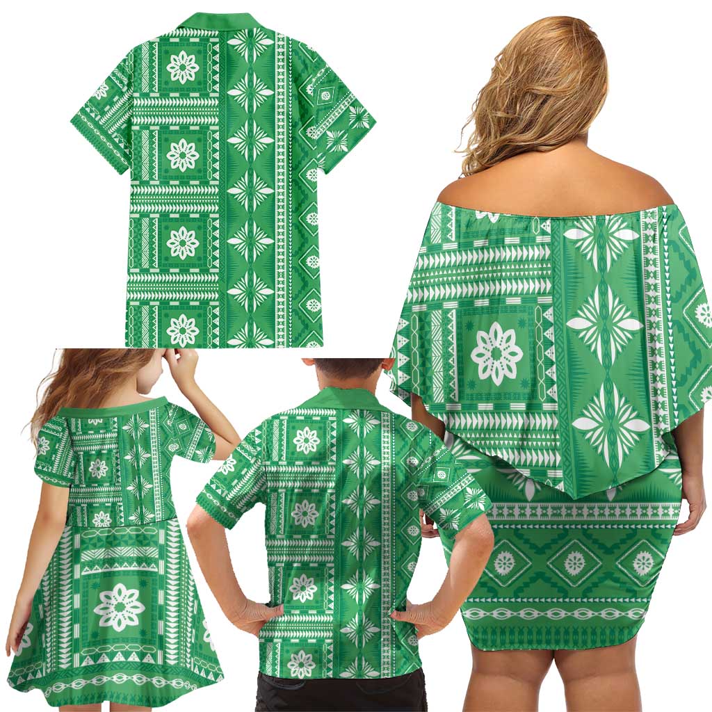 Fiji Masi All Green Family Matching Off Shoulder Short Dress and Hawaiian Shirt Tapa Pattern LT01 - Polynesian Pride