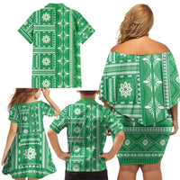 Fiji Masi All Green Family Matching Off Shoulder Short Dress and Hawaiian Shirt Tapa Pattern LT01 - Polynesian Pride