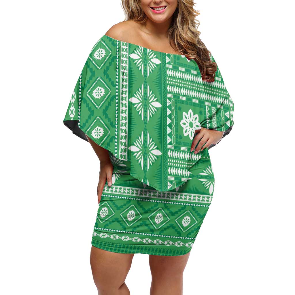 Fiji Masi All Green Family Matching Off Shoulder Short Dress and Hawaiian Shirt Tapa Pattern LT01 Mom's Dress Green - Polynesian Pride