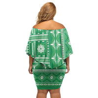Fiji Masi All Green Family Matching Off Shoulder Short Dress and Hawaiian Shirt Tapa Pattern LT01 - Polynesian Pride